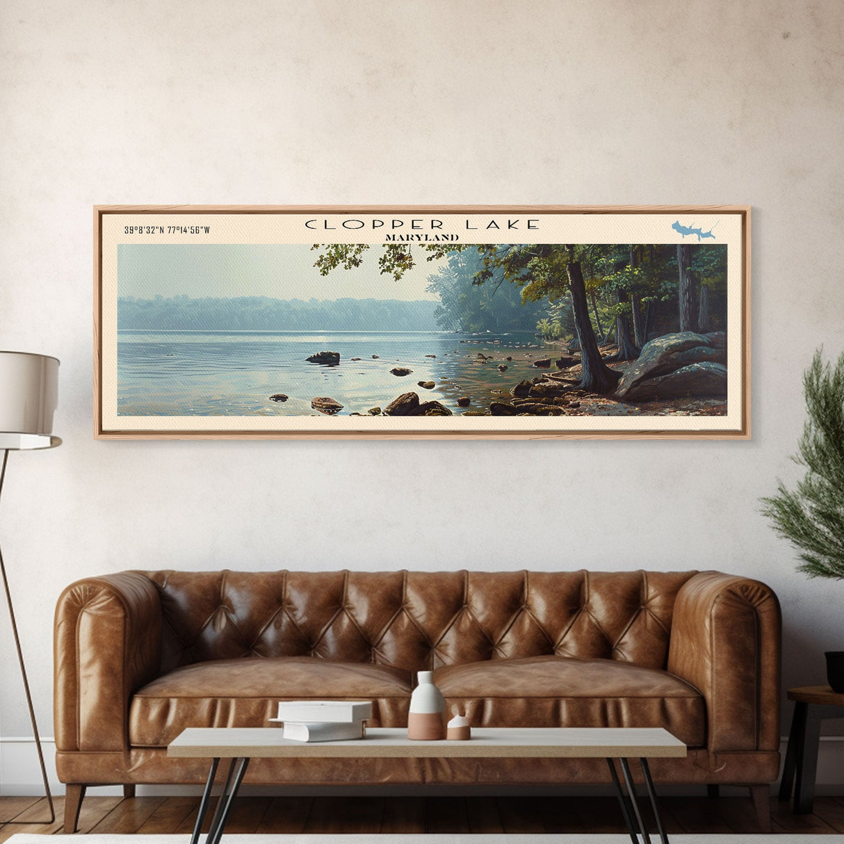 Clopper Lake Maryland Framed Canvas Print, Lake House Art, Panoramic Wide Art, Travel Poster, Minimalist Lake Painting, Home Decor