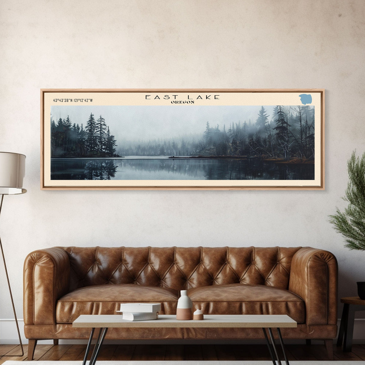 East Lake Oregon Framed Canvas Print, Panoramic Lake House Decor, Wall Art, Travel Poster, Rustic Lake Painting, Home Decor