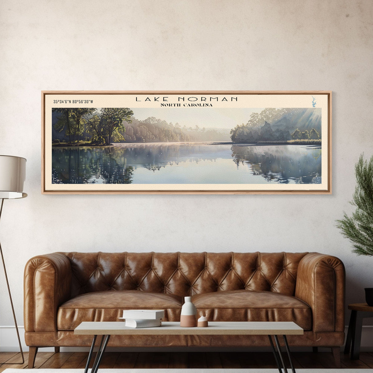 Lake Norman North Carolina Framed Canvas Print, Lake House Decor, Panoramic Wall Art, Travel Poster, Scenic Landscape Painting, Contemporary Art