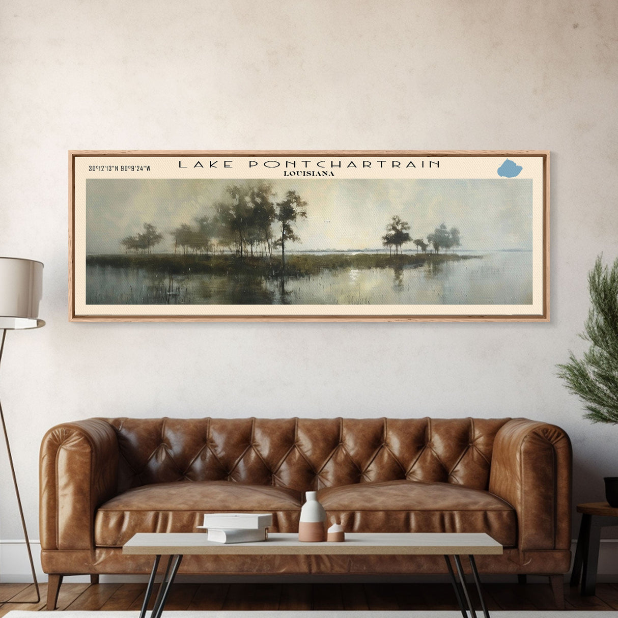 Lake Pontchartrain Framed Canvas Print, Lake House Decor, Panoramic Wall Art, Travel Poster, Stunning Landscape Painting, Bedroom Decor