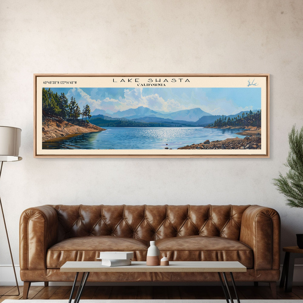 Lake Shasta, Boho Art, Beautiful Landscape, Travel Poster Art, Wall Art, Home Decor, Nature Scene, Lake Painting, Minimalist Art, Rustic Art, Travel Print, Framed Canvas Print, Lake House Decor, Panoramic Print