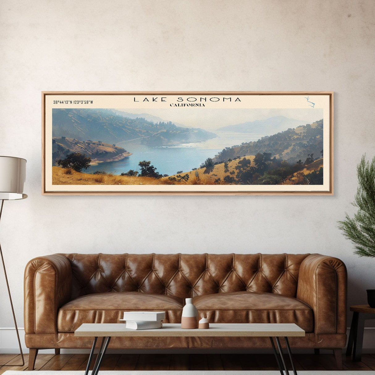 Lake Sonoma California Framed Canvas Print, Lake House Decor, Panoramic Wall Art, Travel Poster, Stunning Landscape Painting, Contemporary Art