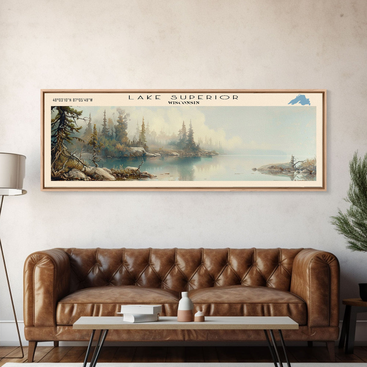 Lake Superior Framed Canvas Print, Lake House Decor, Panoramic Wall Art, Travel Poster, Beautiful Landscape Painting, Modern Art