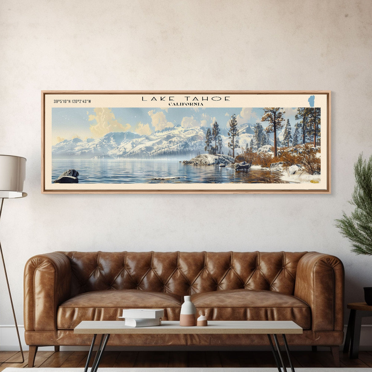 Lake Tahoe Framed Canvas Print, Lake House Decor, Panoramic Wall Art, Travel Poster, Stunning Landscape Painting, Contemporary Art