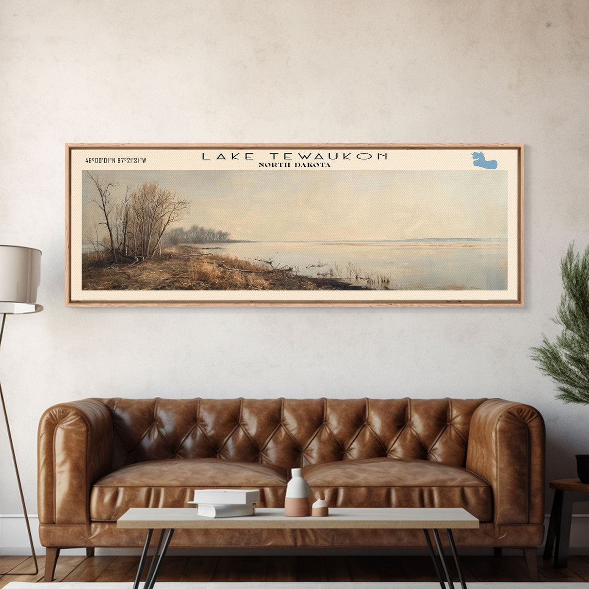 Lake Tewaukon North Dakota Framed Canvas Print, Lake House Decor, Panoramic Wall Art, Travel Poster, Scenic Landscape Painting, Contemporary Art