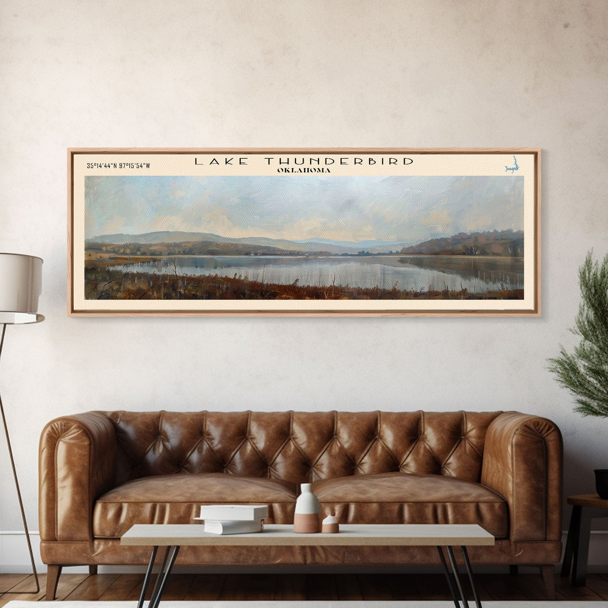 Lake Thunderbird Oklahoma Framed Canvas Print, Lake House Decor, Panoramic Wall Art, Travel Poster, Scenic Landscape Painting, Bedroom Decor