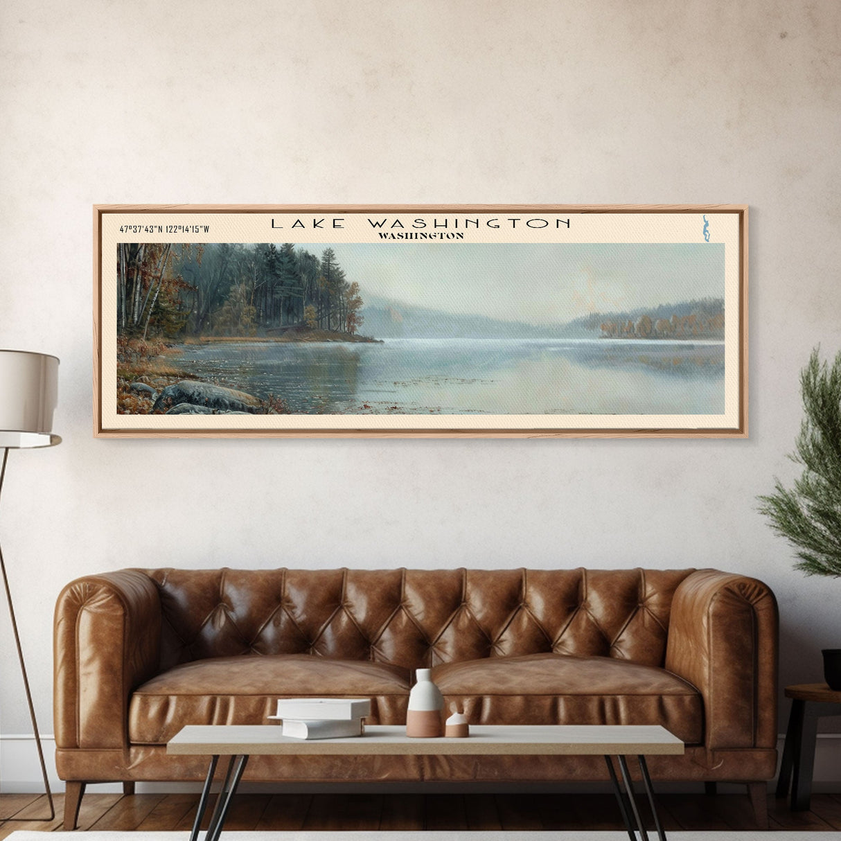 Lake Washington Washington Framed Canvas Print, Lake House Decor, Panoramic Wall Art, Travel Poster, Landscape Painting, Living Room Decor