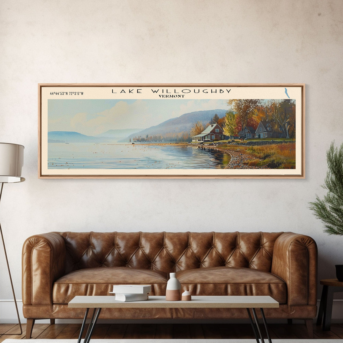 Lake Willoughby Vermont Framed Canvas Print, Lake House Decor, Panoramic Wall Art, Travel Poster, Scenic Landscape Painting, Living Room Decor