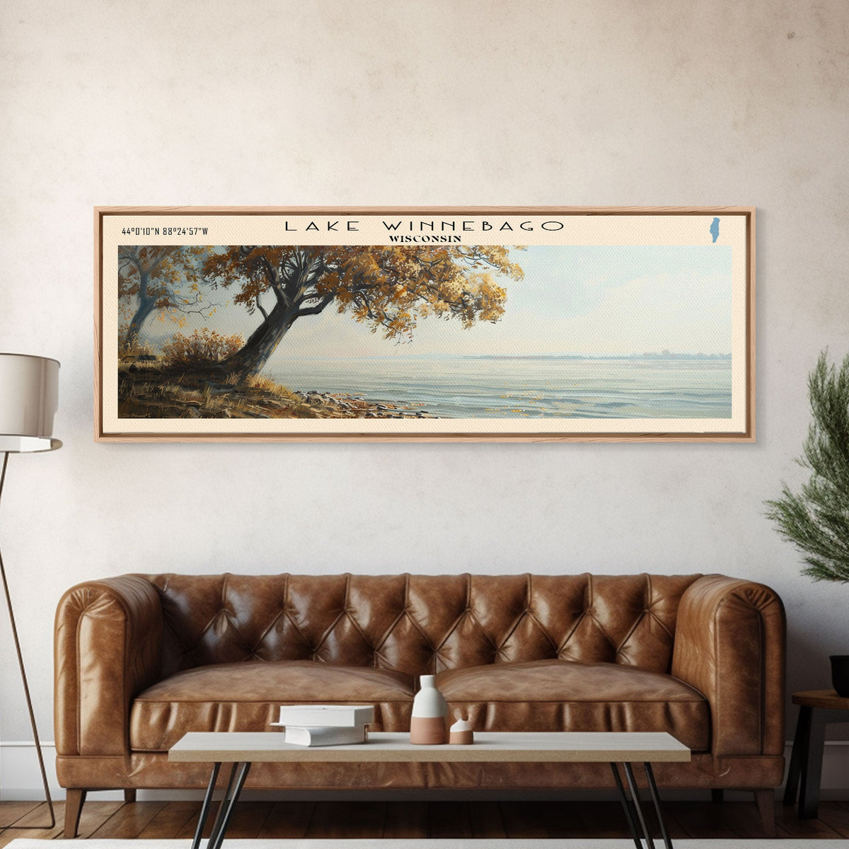 Lake Winnebago Framed Canvas Print, Lake House Decor, Panoramic Wall Art, Travel Poster, Beautiful Landscape Painting, Living Room Decor