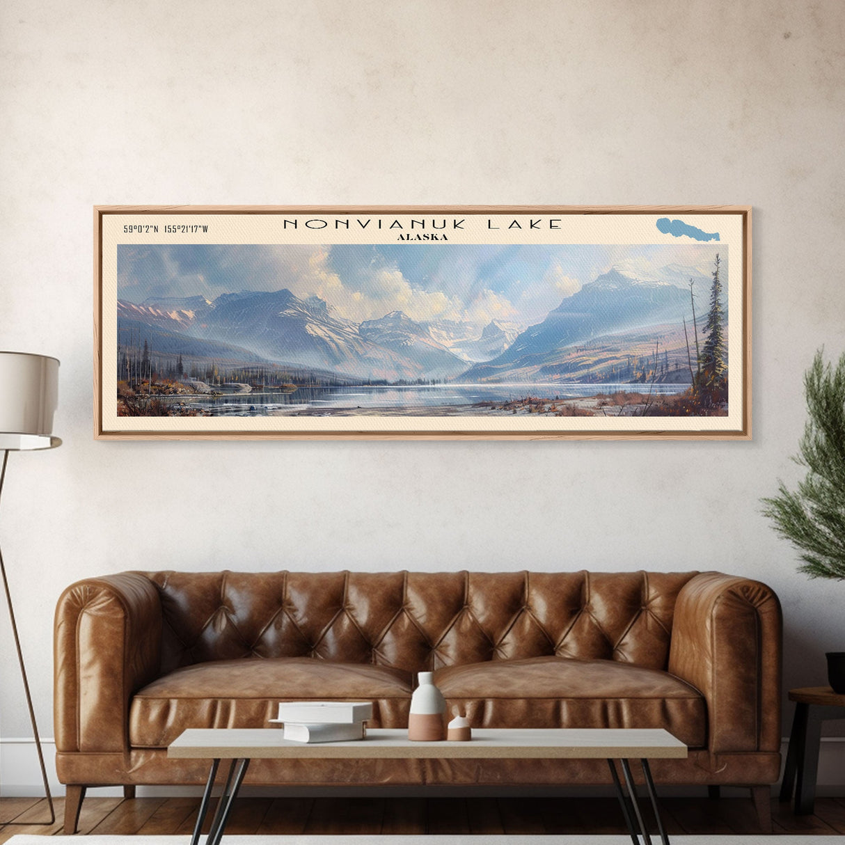 Nonvianuk Lake Framed Canvas Print, Lake House Decor, Panoramic Wall Art, Travel Poster, Scenic Landscape Painting, Contemporary Art