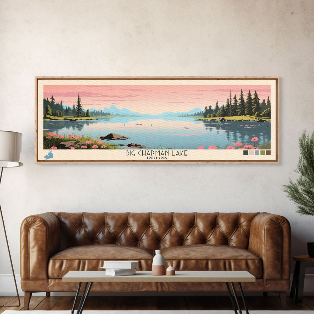 Big Chapman Lake Indiana Framed Canvas Print, Panoramic Travel Poster, Midcentury Modern Wall Art, Pop Art, Nature Lake House Art, Bedroom Decor
