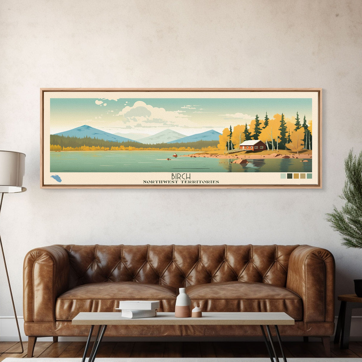 Birch Northwest Territories Framed Canvas Print, Panoramic Wall Art, Midcentury Modern, Pop Art, Travel Poster, Scenic Living Room Decor, Lake House Art
