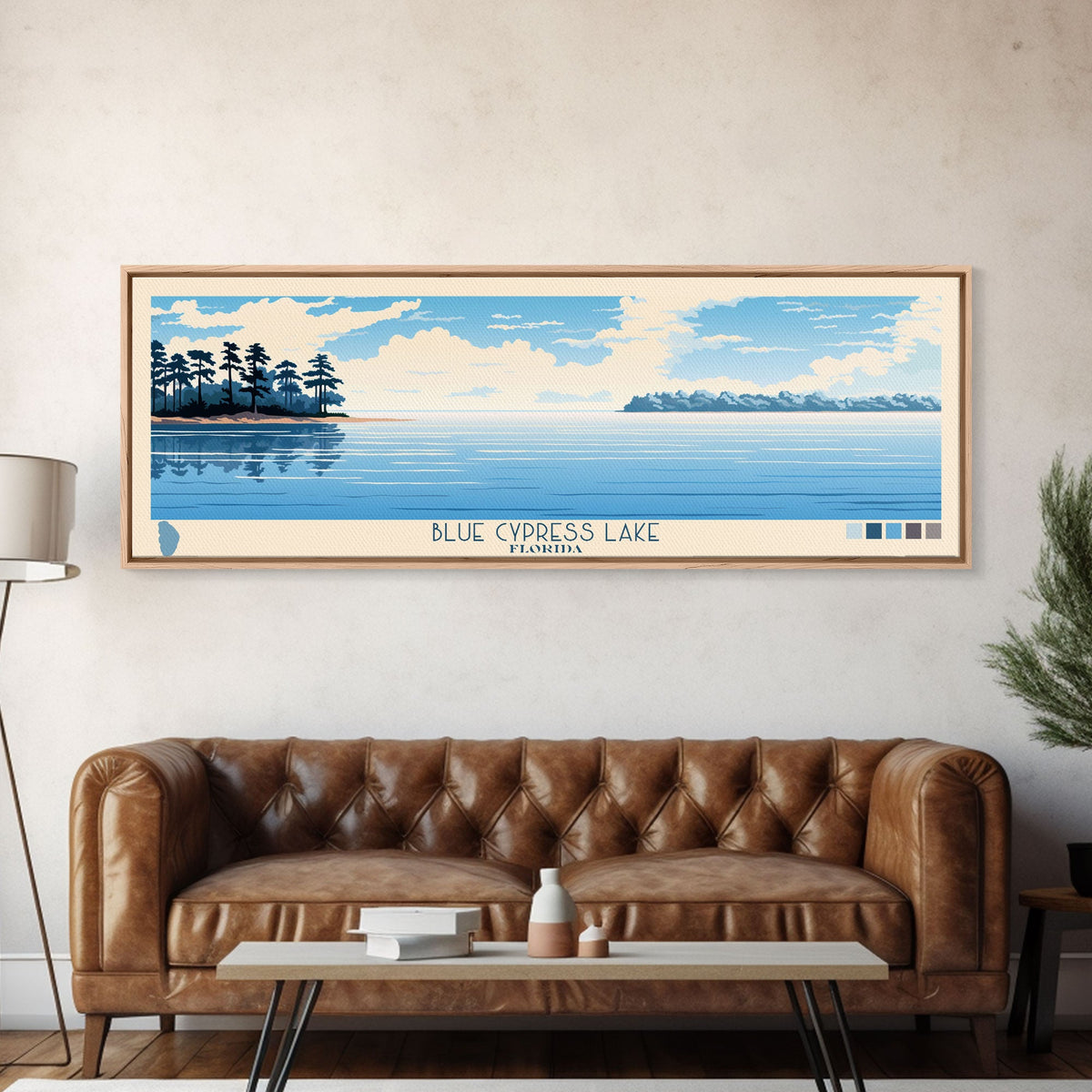 Blue Cypress Lake Florida Framed Canvas Print, Panoramic Wall Art, Midcentury Modern, Pop Art, Travel Poster, Scenic Living Room Art, Lake House Decor