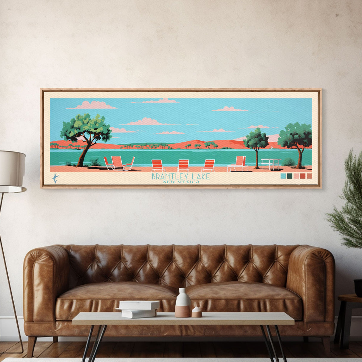 Brantley Lake New Mexico Framed Canvas Print, Midcentury Modern Panoramic Wall Art, Living Room Decor, Pop Art, Travel Poster Art, Scenic Nature Painting
