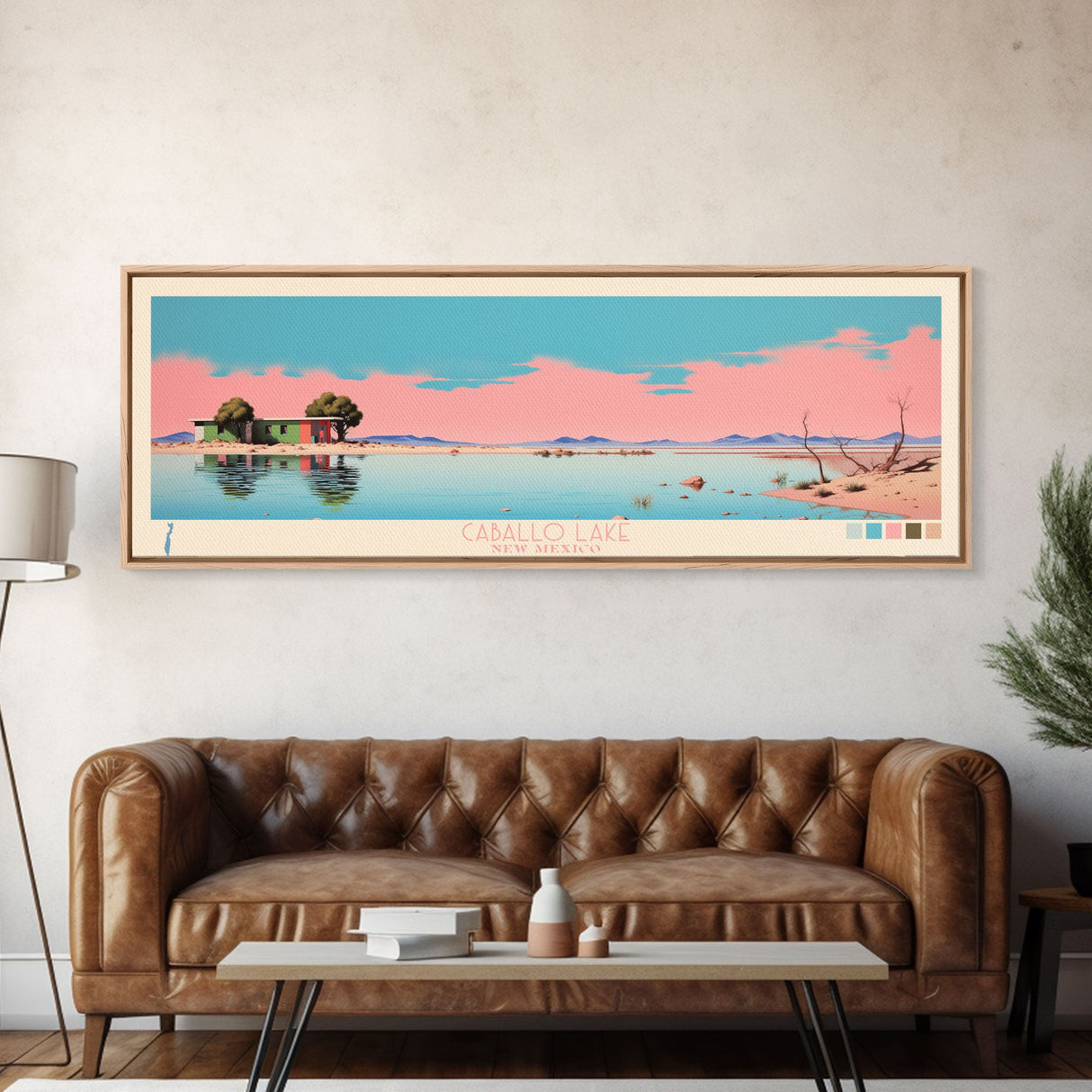 Caballo Lake New Mexico Framed Canvas Print, Midcentury Modern Panoramic Wall Art, Living Room Decor, Pop Art, Travel Poster Art, Scenic Nature Painting
