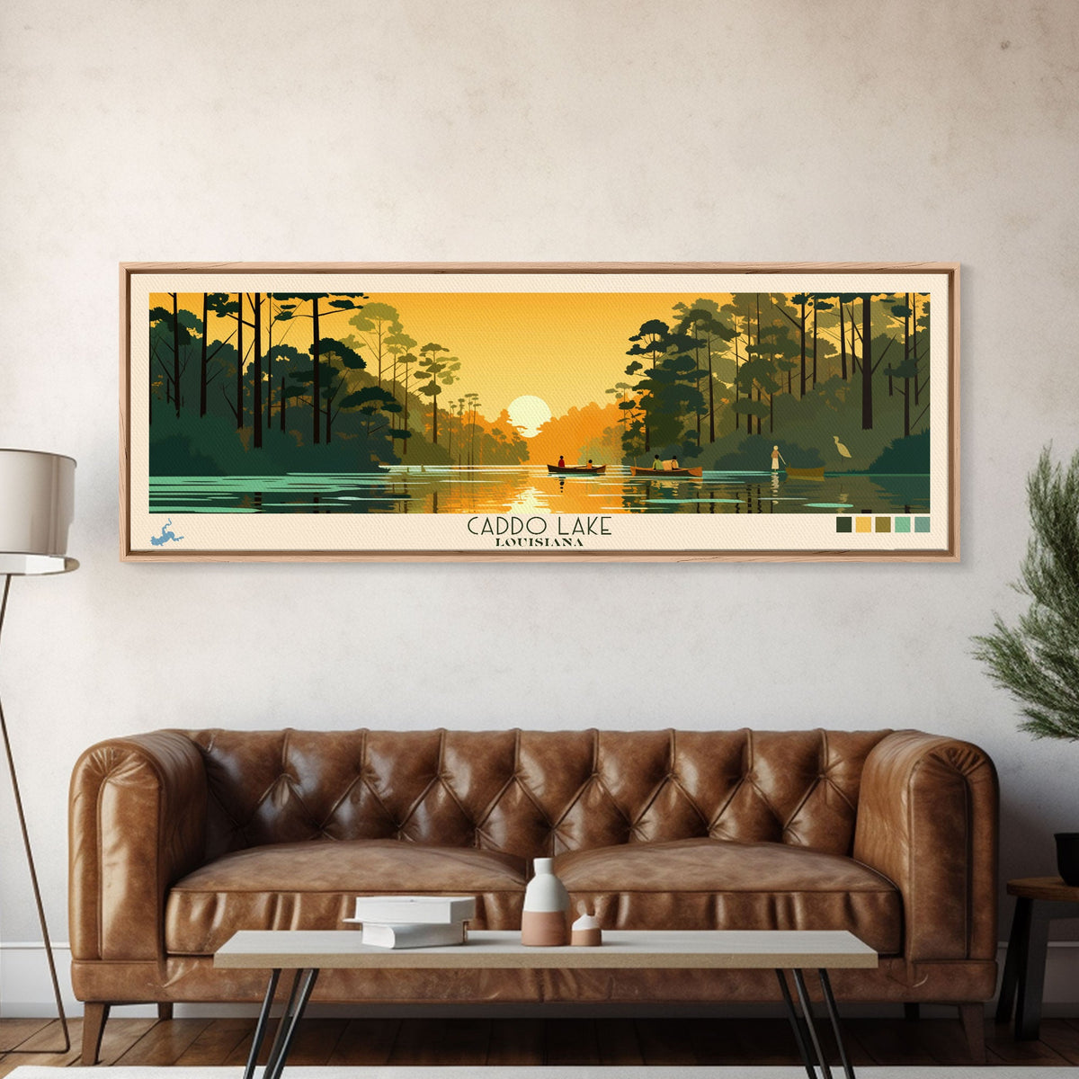 Caddo Lake Louisiana Framed Canvas Print, Pop Art Panoramic Travel Poster, Midcentury Modern, Wall Art, Scenic Nature Painting, Bedroom Decor
