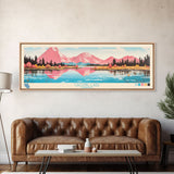 Calling Lake Alberta Framed Canvas Print, Midcentury Modern Panoramic Wall Art, Living Room Decor, Pop Art, Travel Poster Art, Scenic Nature Painting