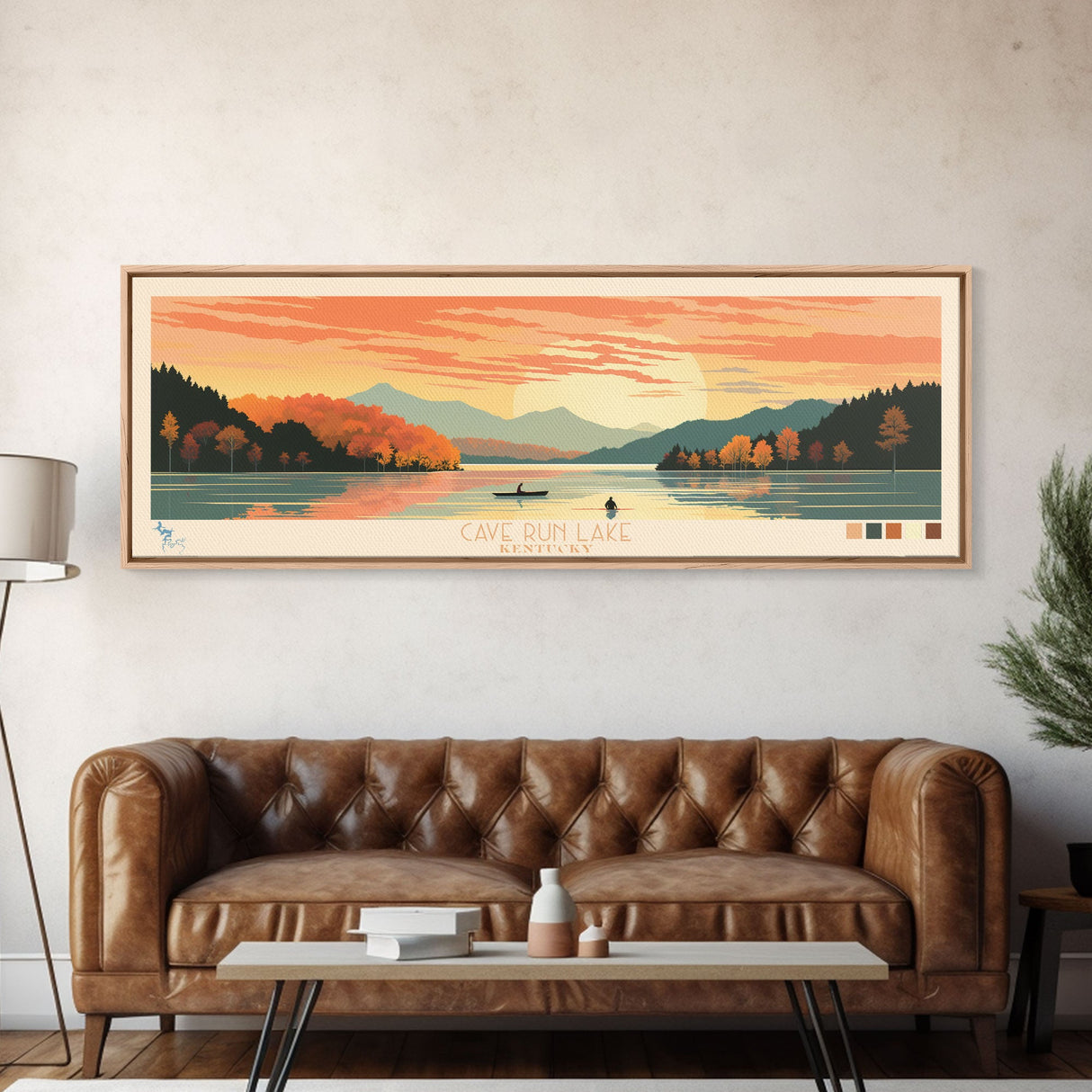 Cave Run Lake Kentucky Framed Canvas Print, Midcentury Modern Panoramic Wall Art, Living Room Decor, Pop Art, Travel Poster Art, Nature Art, Lake House Decor