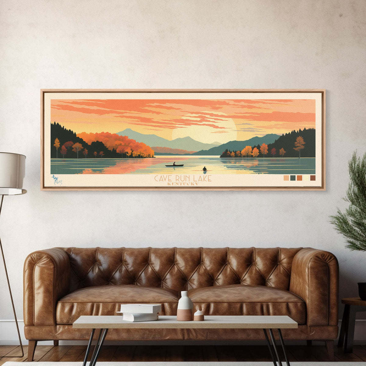 Cave Run Lake Kentucky Framed Canvas Print, Midcentury Modern Panoramic Wall Art, Living Room Decor, Pop Art, Travel Poster Art, Nature Art, Lake House Decor