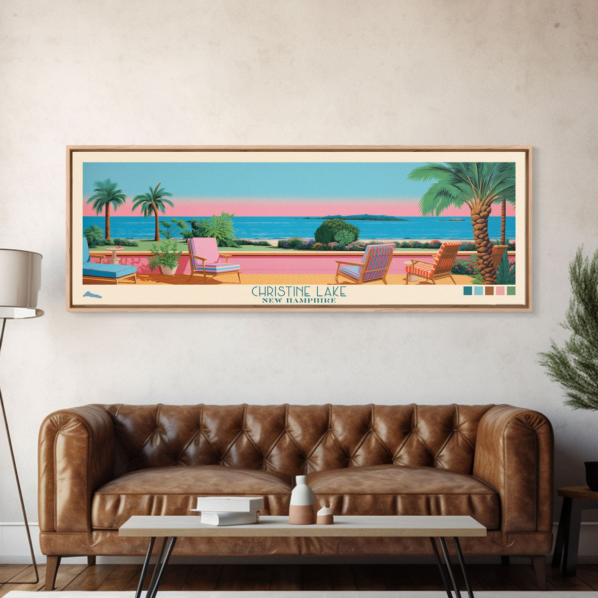Christine Lake New Hamphire Framed Canvas Print, Pop Art Panoramic Travel Poster, Midcentury Modern, Wall Art, Scenic Nature Painting, Bedroom Decor, Living Room Art