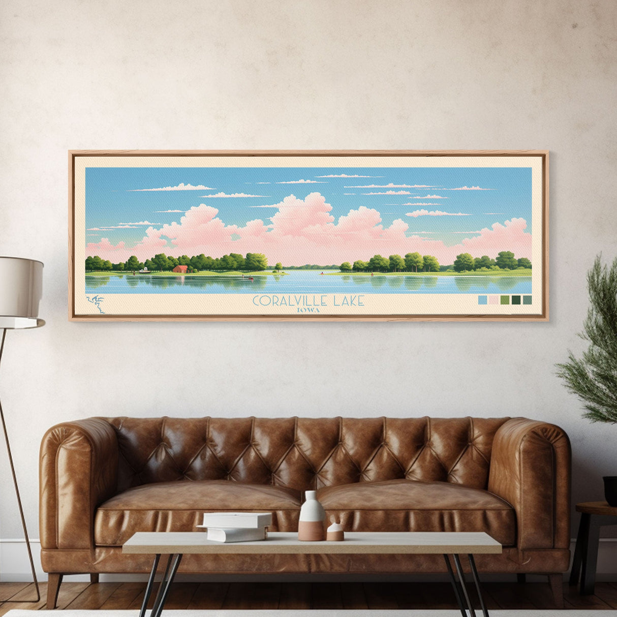 Coralville Lake Iowa Framed Canvas Print, Midcentury Modern Panoramic Wall Art, Living Room Decor, Pop Art, Travel Poster Art, Scenic Nature Painting, Lake House Decor