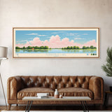 Coralville Lake Iowa Framed Canvas Print, Midcentury Modern Panoramic Wall Art, Living Room Decor, Pop Art, Travel Poster Art, Scenic Nature Painting, Lake House Decor