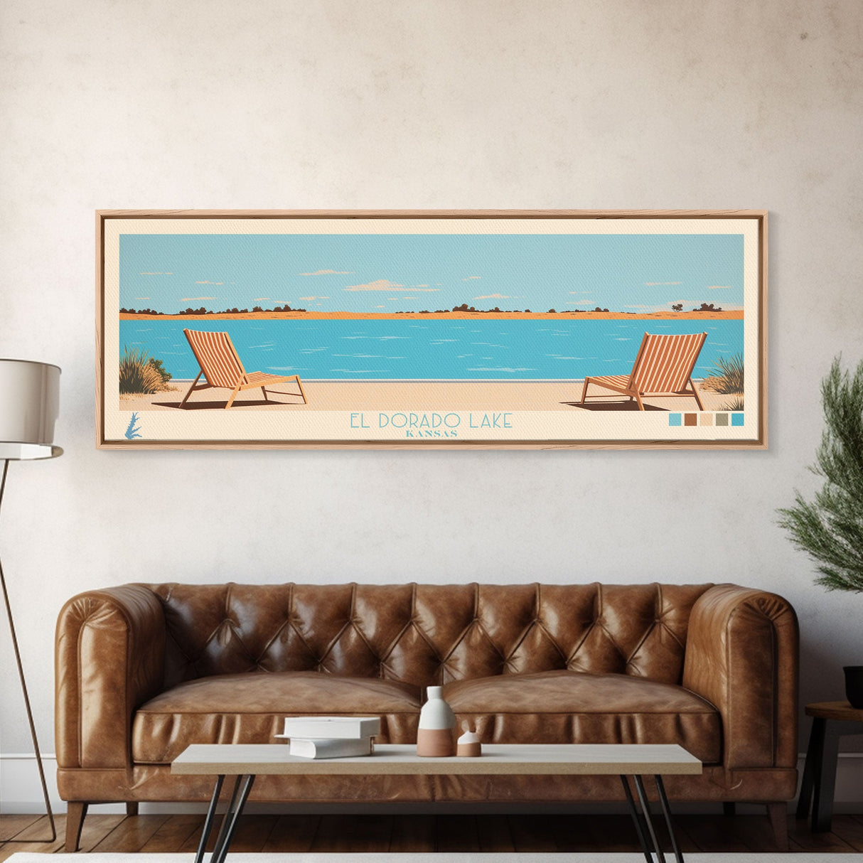 El Dorado Lake Kansas Framed Canvas Print, Panoramic Wall Art, Midcentury Modern, Pop Art, Living Room Art, Travel Poster, Vintage Lake Art