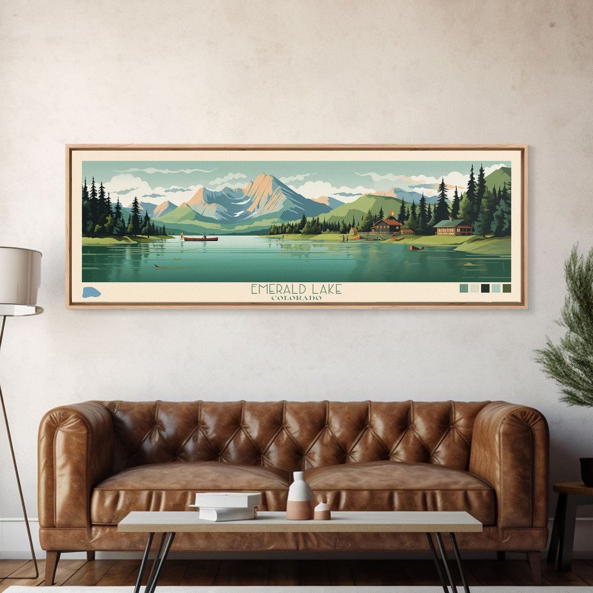 Emerald Lake Colorado Framed Canvas Print, Panoramic Art, Midcentury Modern, Pop Art, Living Room Wall Art, Travel Poster, Lake Art