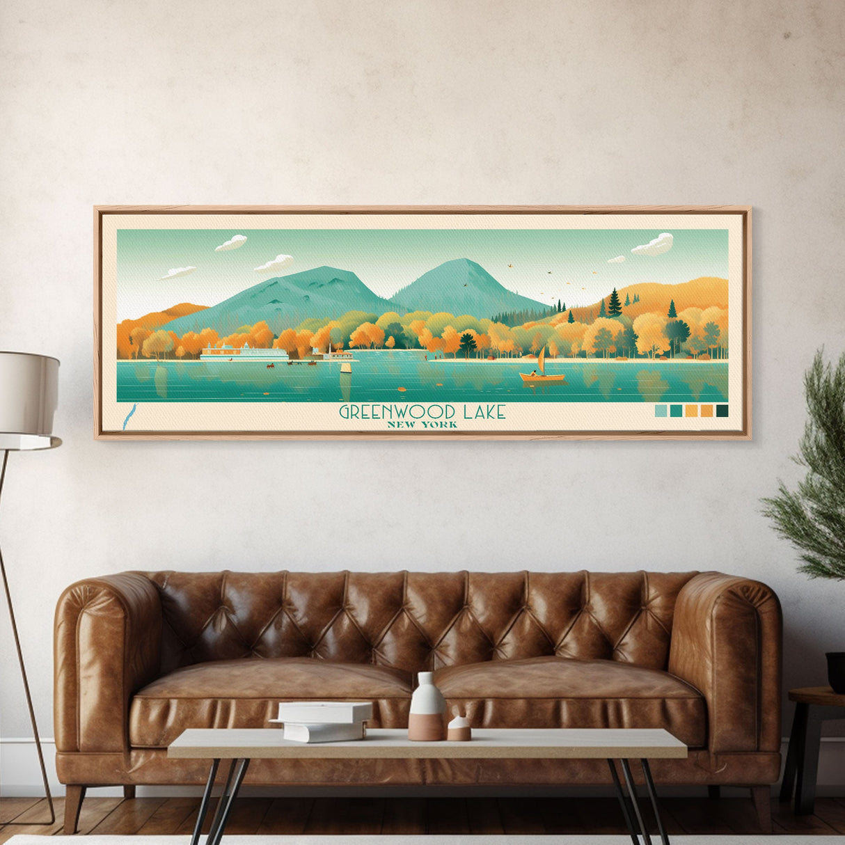 Greenwood Lake New York Framed Canvas Print, Panoramic Art, Midcentury Modern, Pop Art, Bedroom Decor, Travel Poster, Lake House Decor