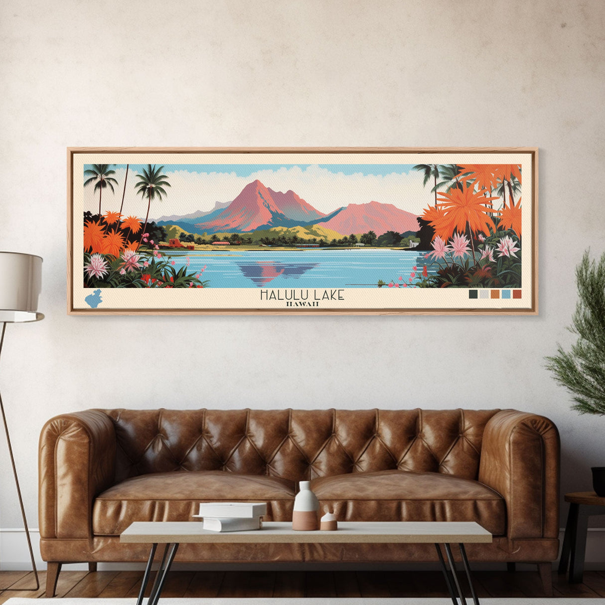 Halulu Lake Hawaii Framed Canvas Print, Panoramic Art, Midcentury Modern, Pop Art, Bedroom Decor, Travel Poster, Artistic Decor, Home Decor