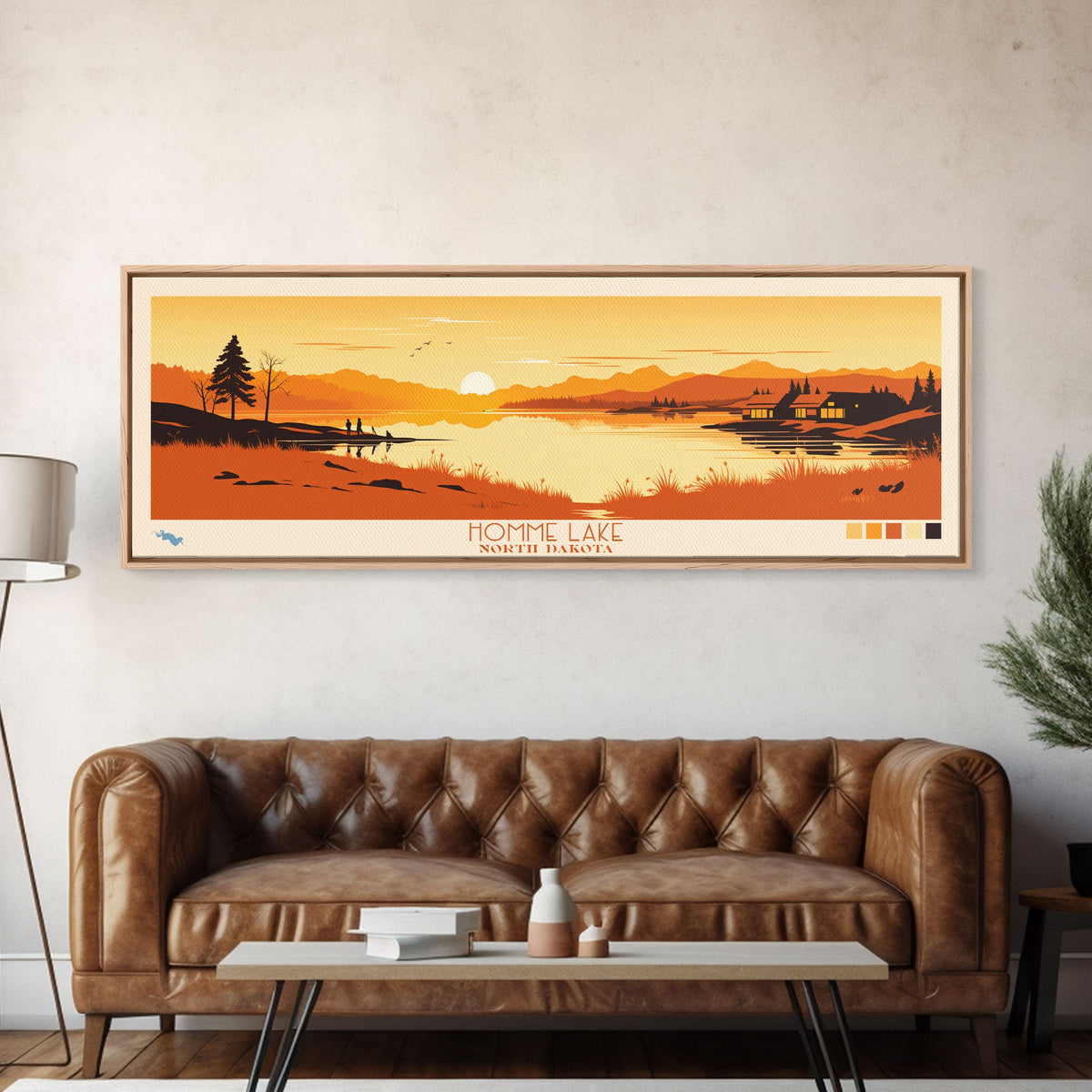 Homme Lake North Dakota Framed Canvas Print, Panoramic Wall Art, Midcentury Modern, Pop Art, Bedroom Decor, Travel Poster, Artistic Home Decor