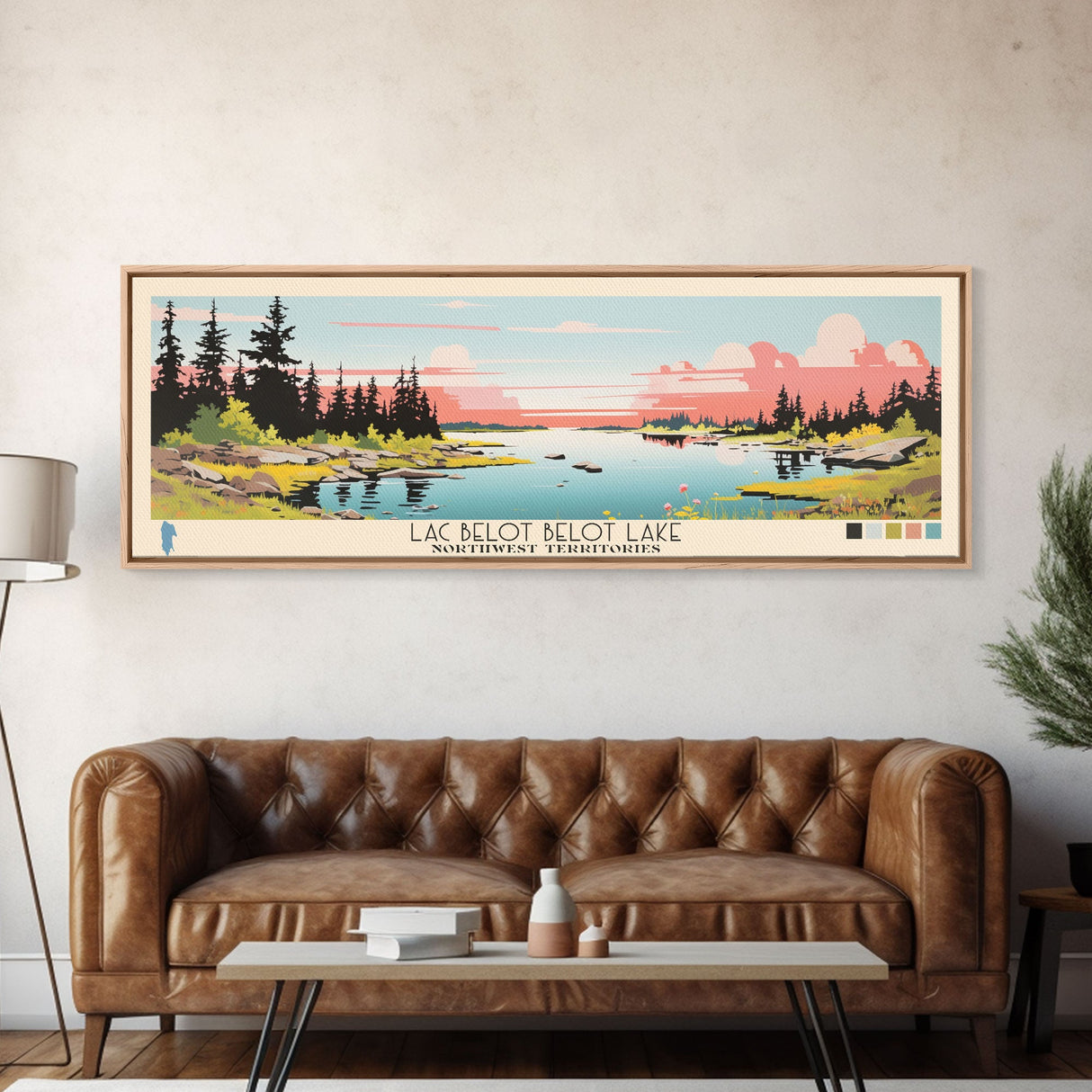Lac Belot Northwest Territories Framed Canvas Print, Panoramic Wall Art, Midcentury Modern, Pop Art, Lake House Art, Travel Poster, Living Room Decor