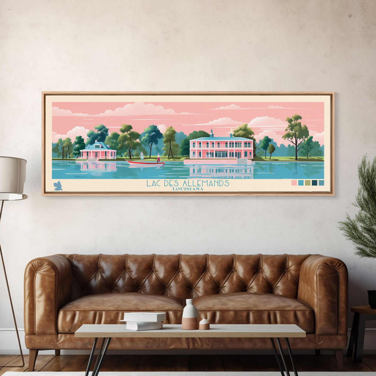 Lac des Allemands Louisiana Framed Canvas Print, Panoramic Wall Art, Midcentury Modern, Pop Art, Bedroom Art, Travel Poster, Living Room Decor