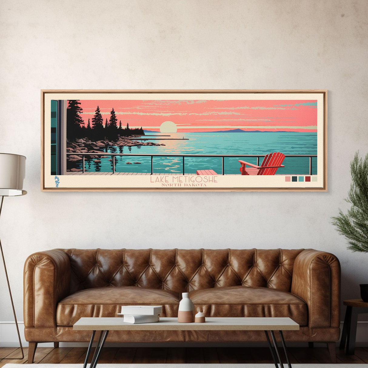 Lake Metigoshe North Dakota Framed Canvas Print, Panoramic Wall Art, Midcentury Modern, Pop Art, Living Room Decor, Travel Poster