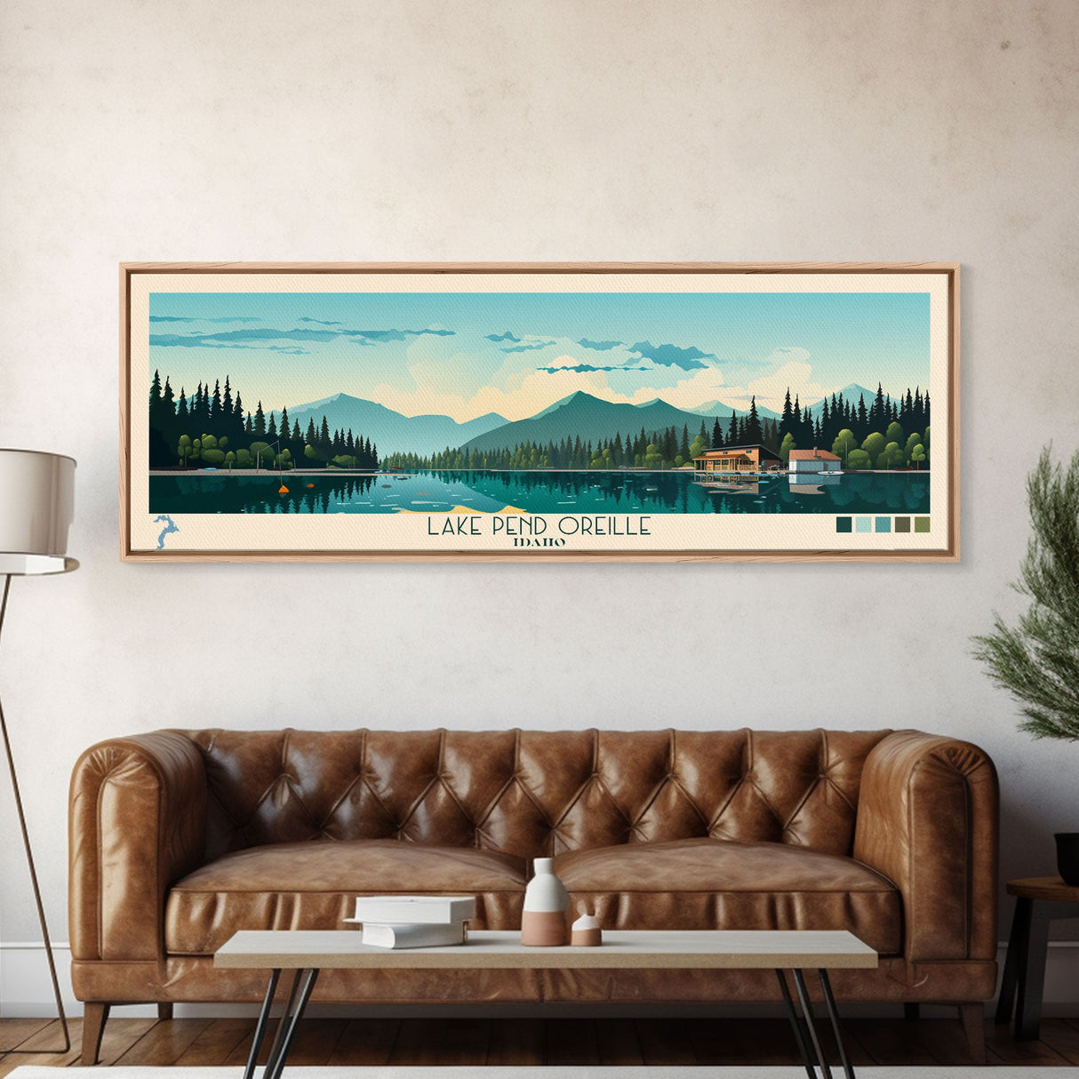 Lake Pend Oreille Idaho Framed Canvas Print, Panoramic Wall Art, Midcentury Modern, Pop Art, Living Room Decor, Travel Poster, Lake House Art
