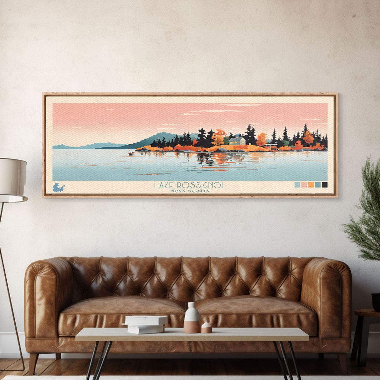 Lake Rossignol Nova Scotia Framed Canvas Print, Panoramic Wall Art, Midcentury Modern, Pop Art, Living Room Decor, Travel Poster, Lake House Art