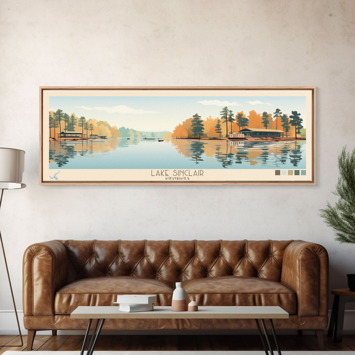 Lake Sinclair Georgia Framed Canvas Print, Panoramic Wall Art, Midcentury Modern, Pop Art, Living Room Decor, Travel Poster, Lake House Art