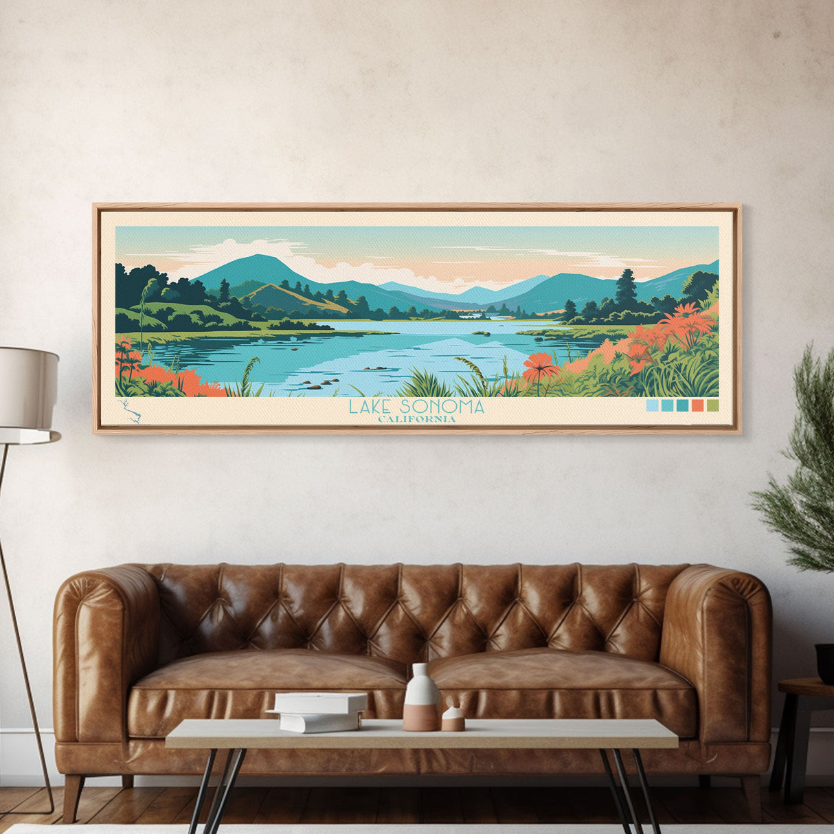 Lake Sonoma California Framed Canvas Print, Panoramic Wall Art, Midcentury Modern, Pop Art, Living Room Decor, Travel Poster, Lake House Art