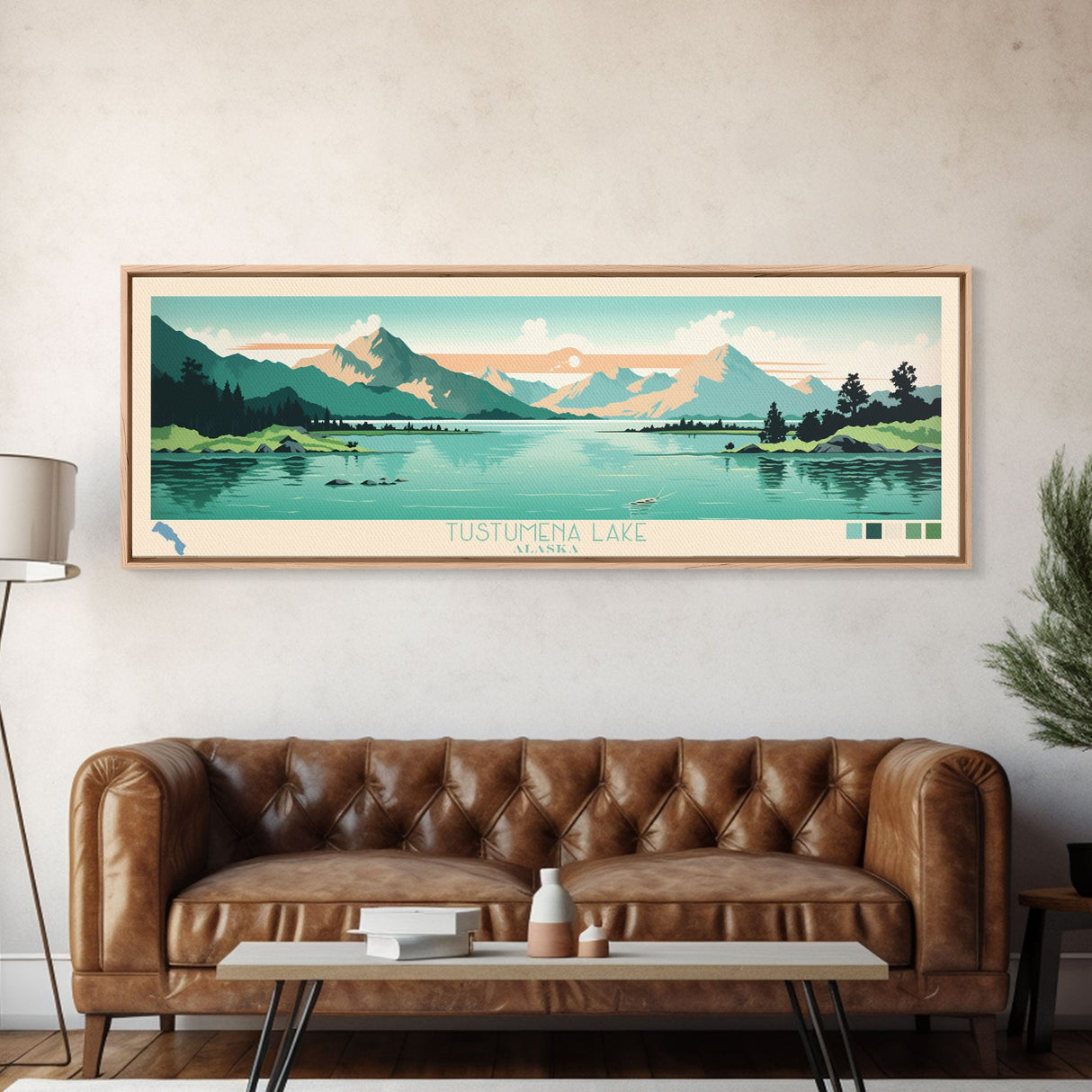Tustumena Lake, Alaska Framed Canvas Print, Lake House Decor, Midcentury Modern Art, Pop Art, Travel Poster, Living Room Wall Art