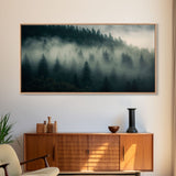 Foggy pine forest, Canadian forest art, framed canvas print, farmhouse decor, misty forst landscape