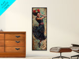 Mexican Inspired Textured Canvas Art of Flamenco Dancer, Spanish Oil Painting, Oversized Vintage Canvas Art Print, Tall and Narrow Art