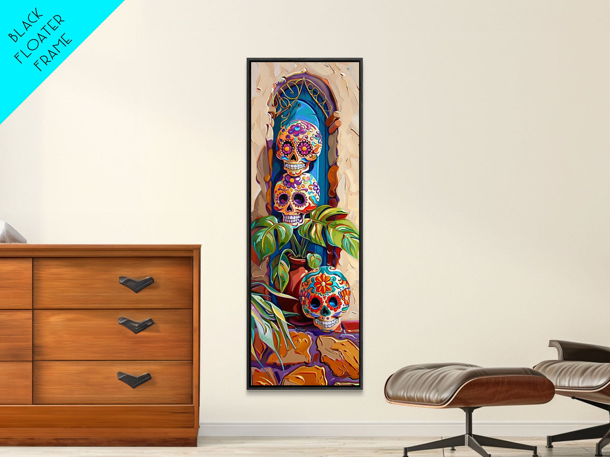 Day of The Dead Inspired Mexican Canvas Painting Framed, Long Narrow Wall Art Print, Spanish Style Home Decor, Contemporary Art Print
