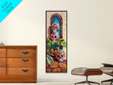 Day of The Dead Inspired Mexican Canvas Painting Framed, Long Narrow Wall Art Print, Spanish Style Home Decor, Contemporary Art Print
