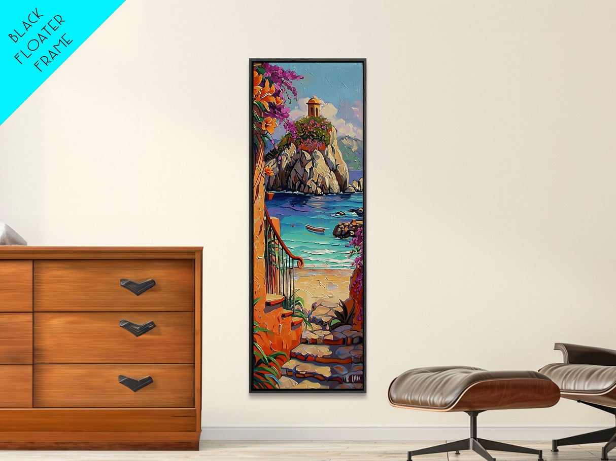 Coastal Wall Art Framed and Printed on Canvas, Surf Wall Art, Textured Canvas Painting Framed, Narrow Modern Wall Art for Office
