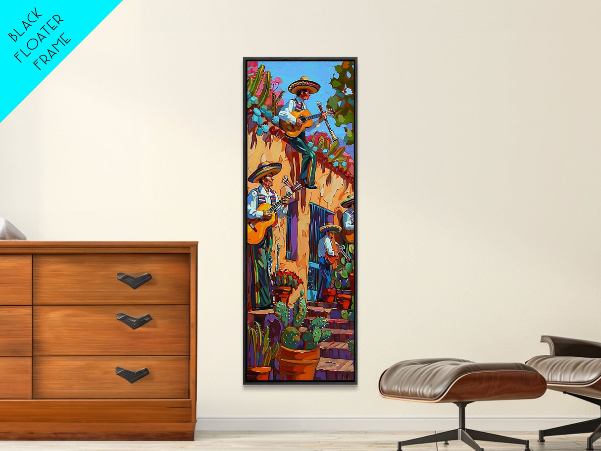 Tall and Narrow Mexican Style Mariachi Band Printed on Framed Canvas, Colorful Botanical Canvas Art, Maximalist Wall Art Print, Spanish Art