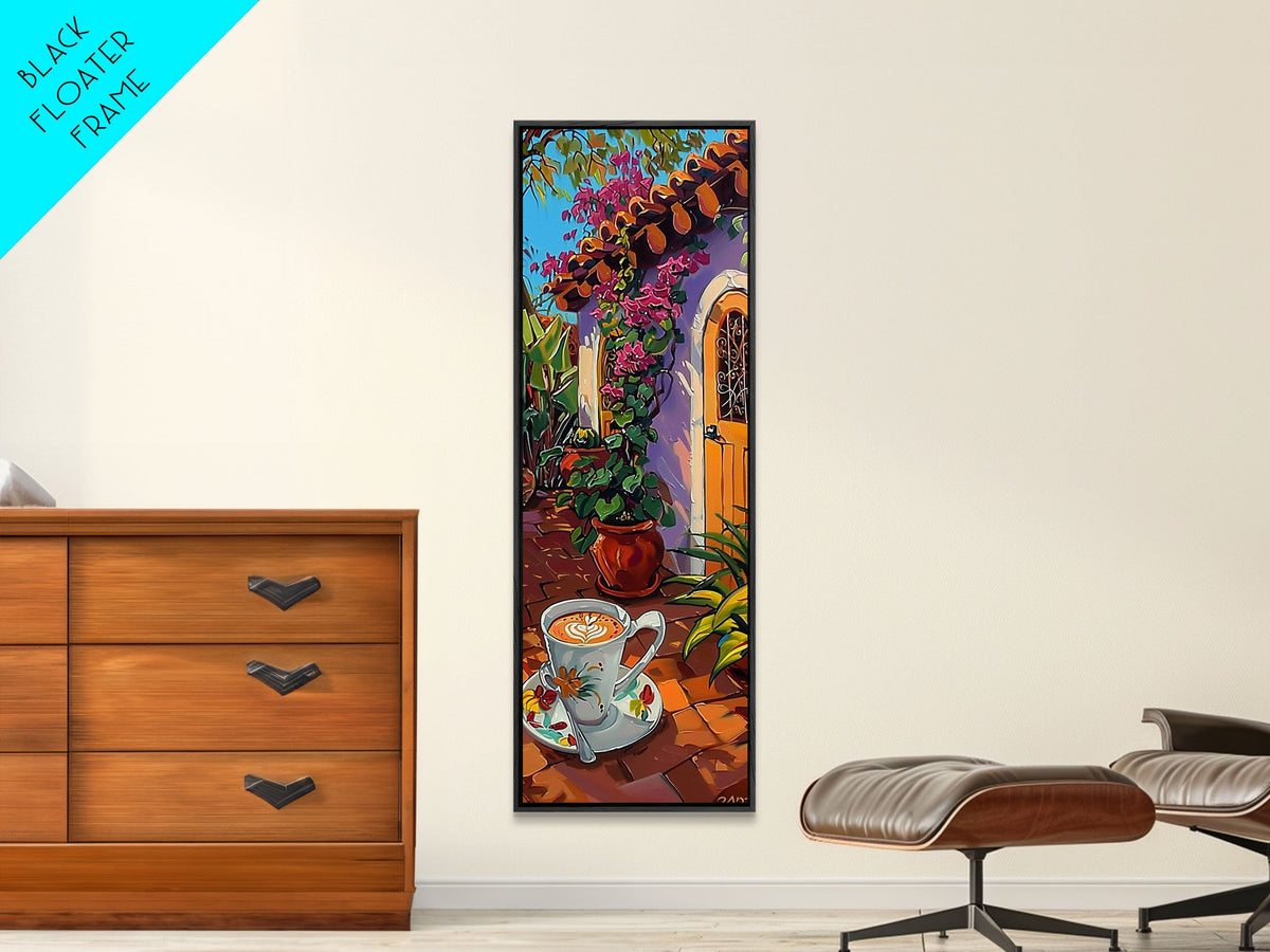 Rustic Garden Oil Painting Framed and Printed on Canvas, Tall Narrow Triptych Art Print, Coastal Art, Coffee Art, Contemporary Art Print