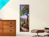 Oversized Texture Mountain Landscape Art Framed and Printed on Canvas, Vertical Impasto Painting on Canvas, Skinny Bedroom Wall Art