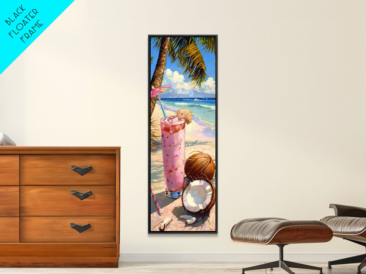 Tropical Kitchen Wall Art Print Framed on Canvas, Colorful Bar Wall Art Print, Tall and Narrow Framed Coastal Wall Art for Kitchen and Bar