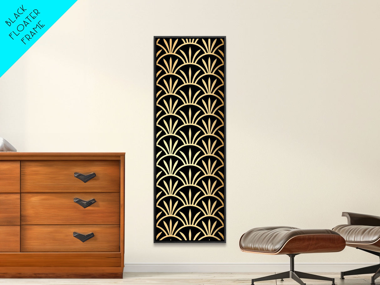 Retro Flower Motif in Orange and Green Tones - Framed Canvas Print, Midcentury Modern Art, Skinny Art, Tall Art, Living Room Wall Decor, Boho Art