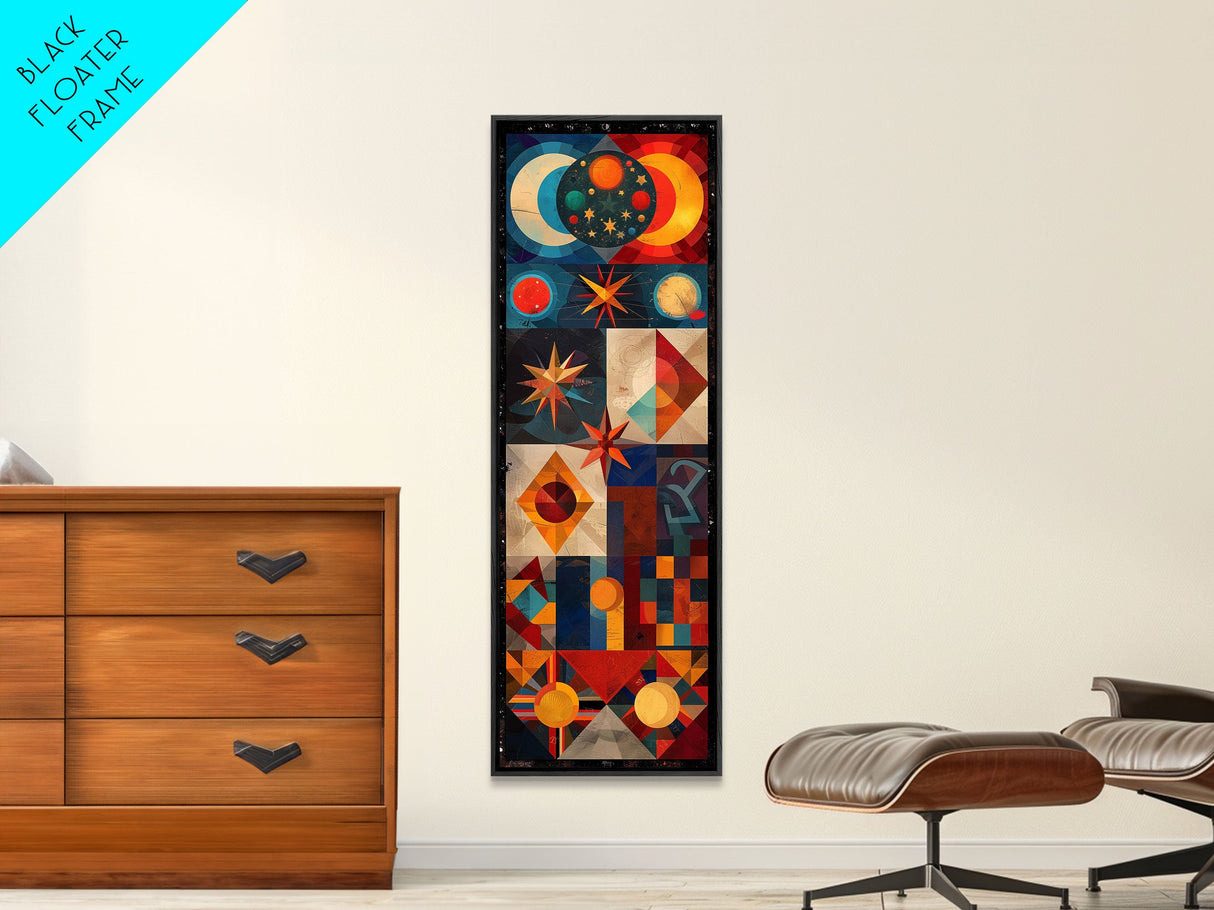 Geometric Cosmic Design in Red and Blue Tones - Framed Canvas Print, Midcentury Modern Art, Skinny Art, Tall Art, Living Room Wall Decor, Boho Art
